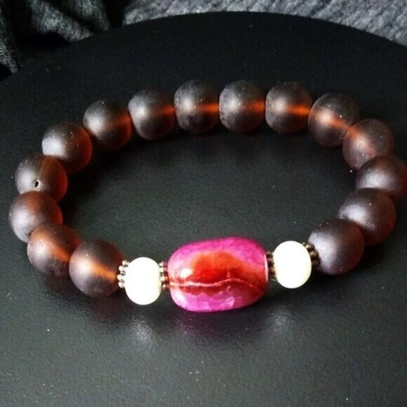 Big Bold & Chunky Stretch Bracelet - Multi Colored Agate + Recycled Glass Beads - Picture 1 of 9